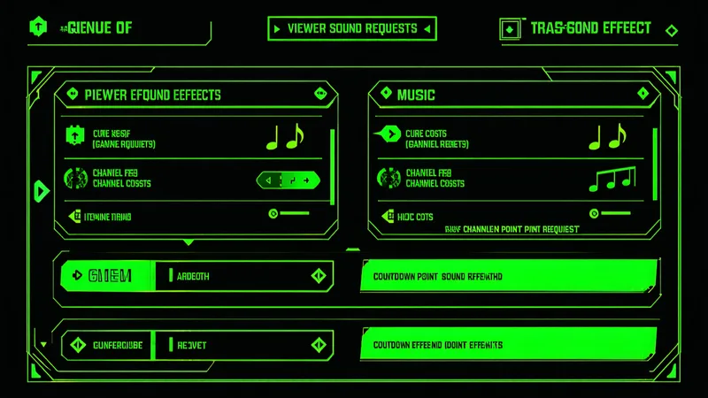 Sound queue overlay showing 4 viewer-submitted sounds in line with neon green queue indicators